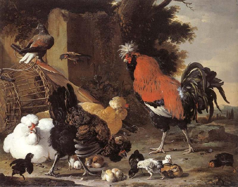 Melchior de Hondecoeter A Cock, Hens and Chicks